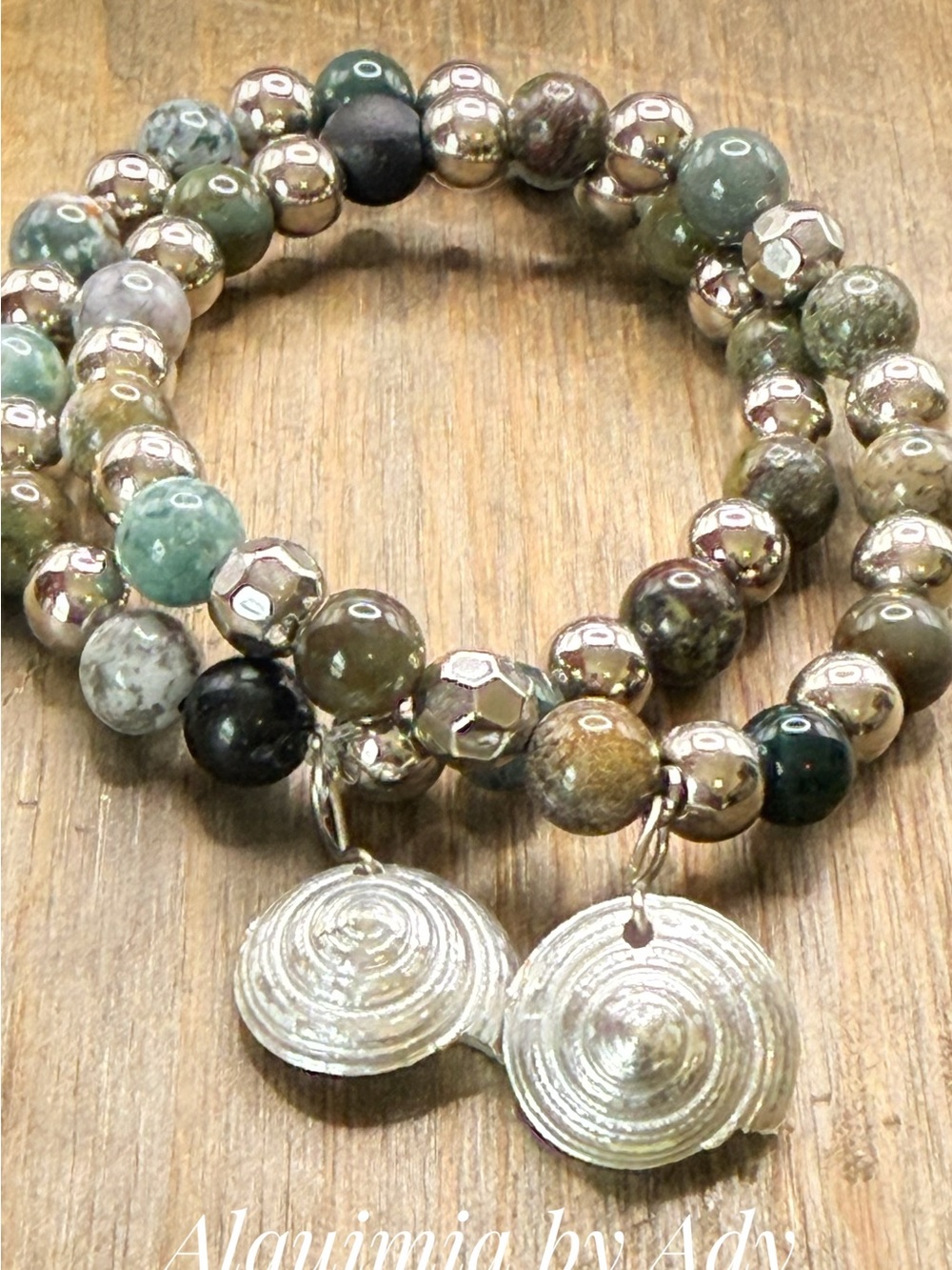 Dark green Agate beaded bracelet duo + silver oyster charms + High summer